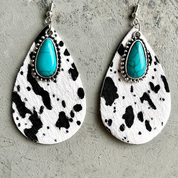Private Label Jewelry - Cow Print Leather Cowhide Suede & Turquoise Fishhook Earrings NWOT